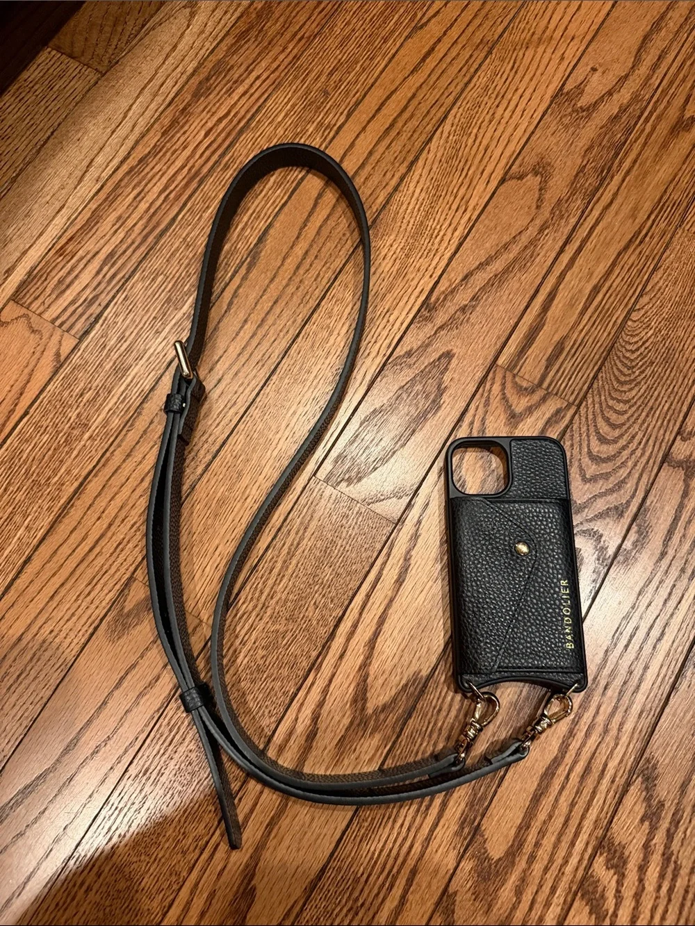 Bandolier Black Gold Leather Crossbody Phone Case Card Pocket for iPhone 13 mini